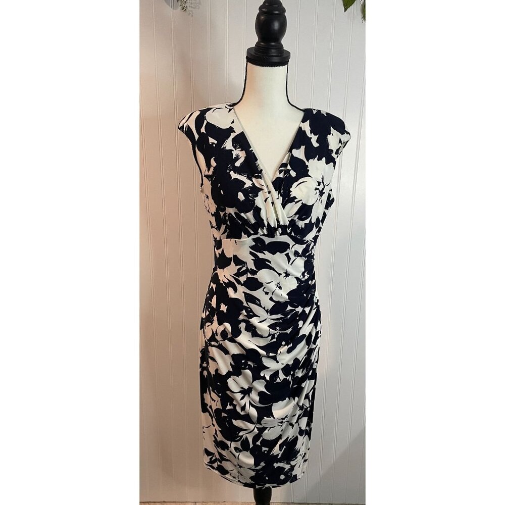 Lauren Ralph Lauren Black & White Floral Sleeveless Ruched Dress Size 8